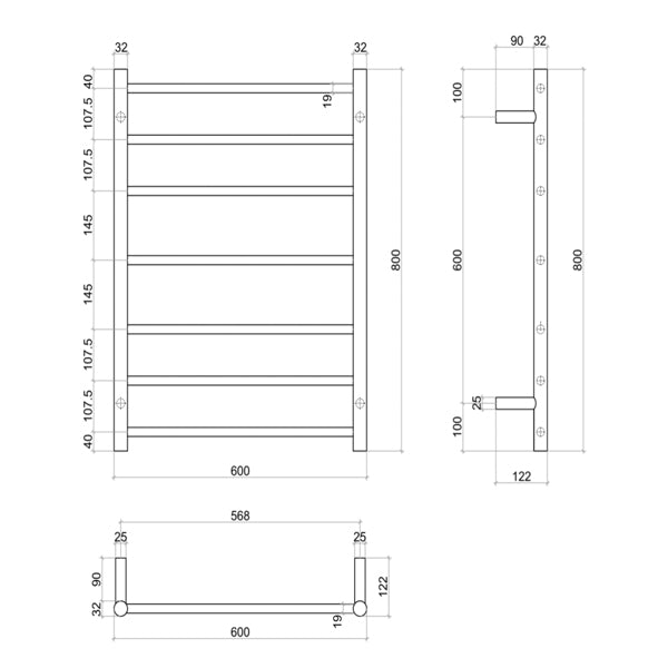 Thermogroup Thermorail Matte Black Straight Round Heated Towel Ladder 7 Bars Technical Drawing - The Blue Space