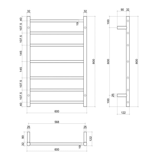 Thermogroup 7 Bar Heated Towel Rail Polished Stainless Steel 600mm