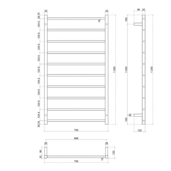 Thermogroup 10 Bar Thermorail Heated Towel Ladder 700 x 1200 x 122 Technical Drawing - The Blue Space