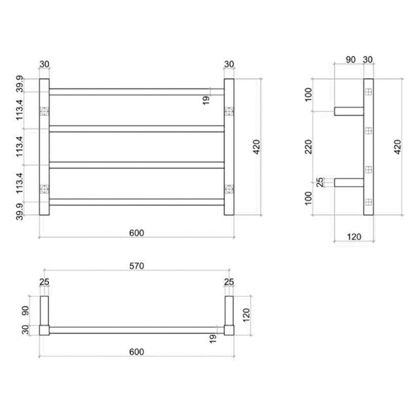 Thermogroup 4 Bar Thermorail Straight Square Heated Towel Ladder Technical Drawing - The Blue Space
