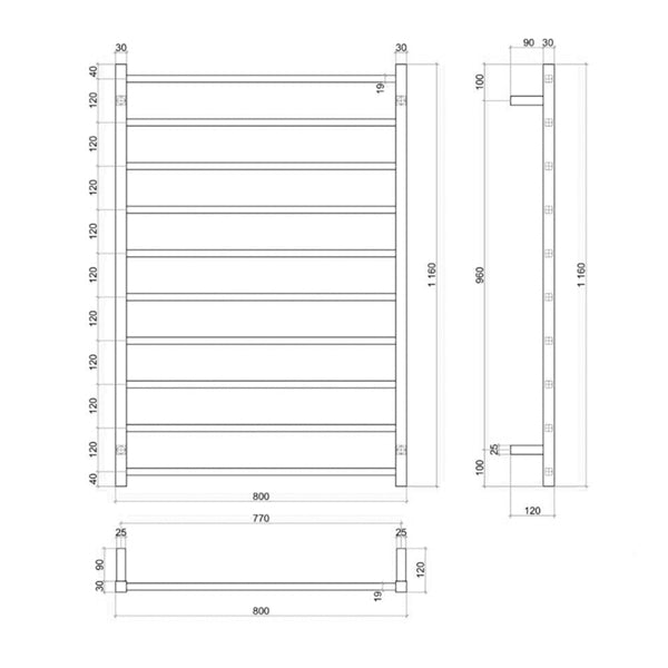 Thermogroup Wide 10 Bar Thermorail Matte Black Straight Square Heated Towel Ladder Technical Drawing - The Blue Space