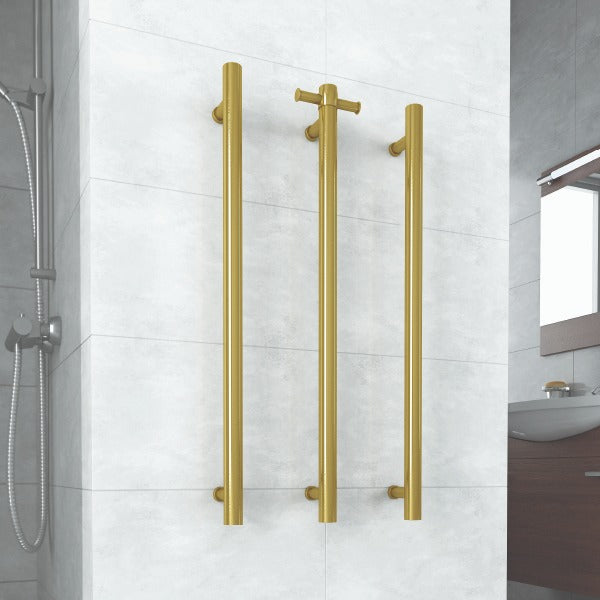 Thermogroup Straight Round Vertical Single Bar Heated Towel Rail Brushed Gold in bathroom at The Blue Space