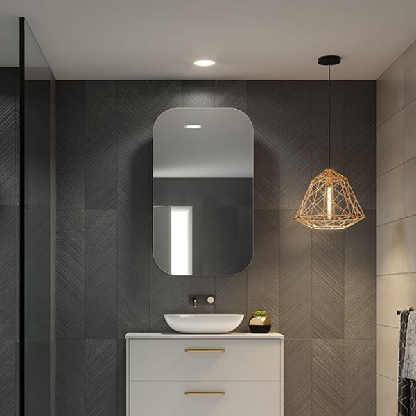 Timberline Jazz Arch Shaving Cabinet 600mm with Gunmetal tapware and white above counter basin and all drawer vanity with gold accents - The Blue Space