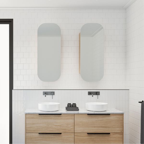 Timberline Jazz Arch Shaving Cabinet 400mm with Gunmetal tapware and white above counter basins - The Blue Space