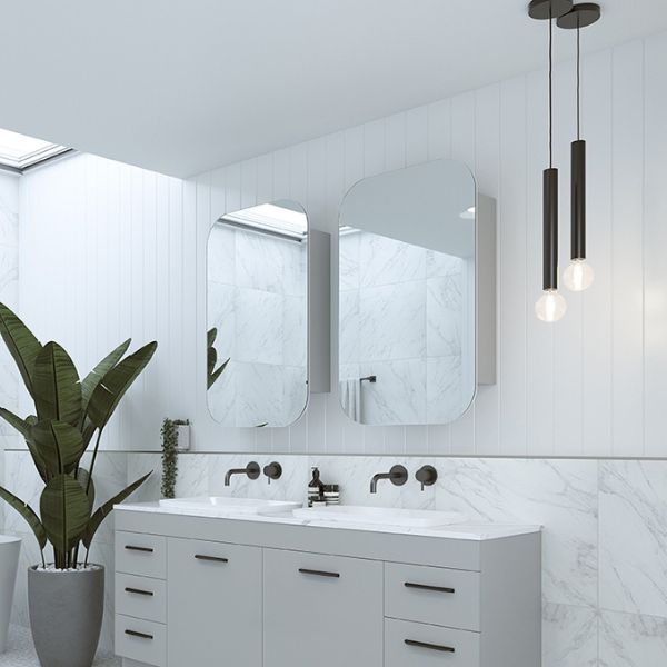 Timberline Jazz Arch Shaving Cabinet 600mm with Gunmetal wall mounted basin sets and inset basins in grey vanity - The Blue Space