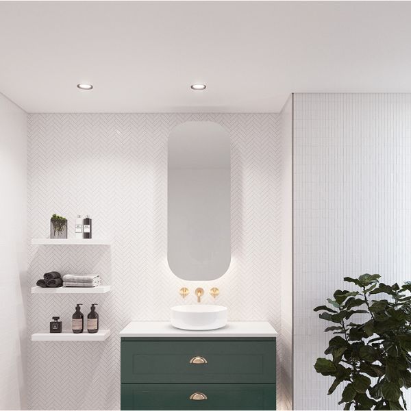 Timberline Jazz Arch Shaving Cabinet 400mm with gold tapware and green vanity with white above counter basins - The Blue Space