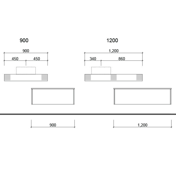 Technical Drawing - Timberline Milan Wall Hung Vanity with Basin 600mm-1800mm - The Blue Space