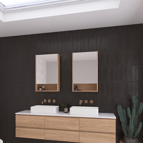 Timberline San Remo Shaving Cabinet 475mm with brass tapware and above counter basins on wall hung vanity- The Blue Space