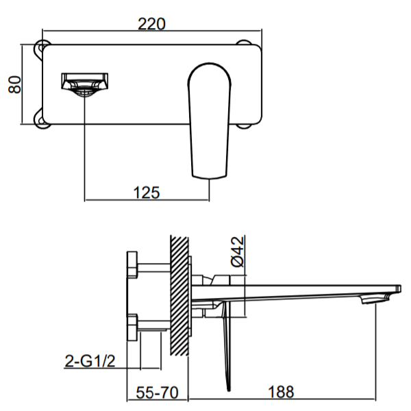 Technical Drawing - Indigo Savina Wall Basin/Bath Mixer 180mm Matte Black US5608