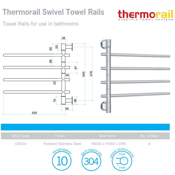 Technical Specification: Thermorail Non Heated Swivel Rail 4 Bar 600x540