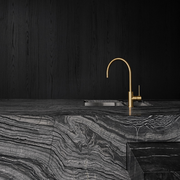 Phoenix Vivid Slimline Side Lever Sink Mixer 160mm Gooseneck Brushed Gold in black marble kitchen - online at The Blue Space