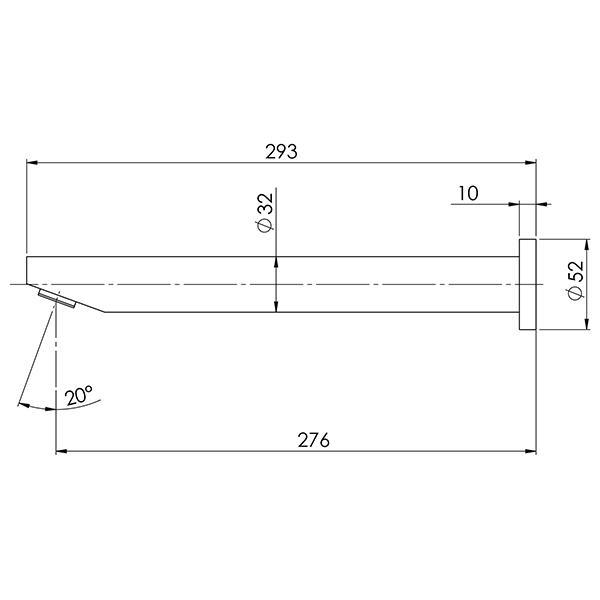 Technical Drawing - Phoenix Vivid Wall Bath Outlet 32 x 300mm Angled - Chrome