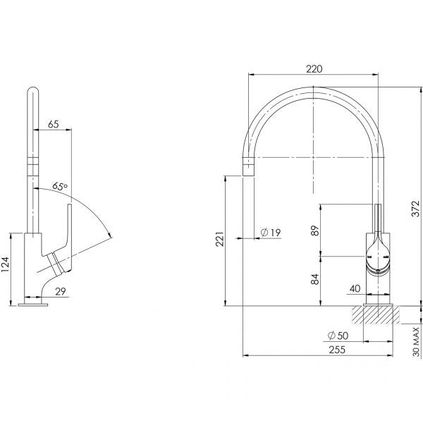 Technical Drawing - Phoenix Vivid Slimline Oval Sink Mixer 220mm Gooseneck Brushed Gold