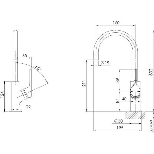 Technical Drawing - Phoenix Vivid Slimline Oval Sink Mixer 160mm Gooseneck Brushed Gold