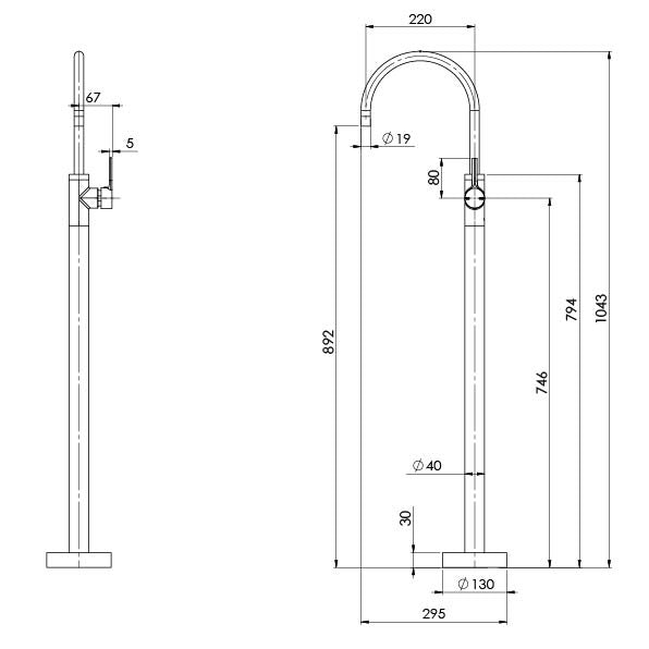 Technical Drawing - Phoenix Vivid Slimline Oval Floor Mounted Bath Mixer-Brushed Gold