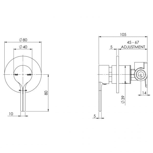 Technical Drawing - Phoenix Vivid Slimline Oval Shower/Wall Mixer Brushed Gold