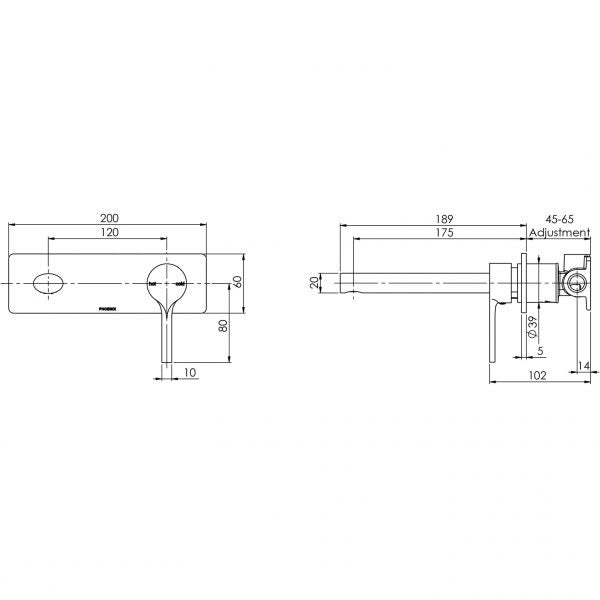 Technical Drawing - Phoenix Vivid Slimline Oval Wall Basin/Bath Mixer Set 175mm Brushed Gold