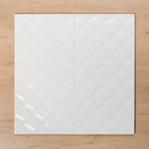 Hotham Diamond Embossed White Gloss Rectified Ceramic Tile 300x600mm Double - The Blue Space