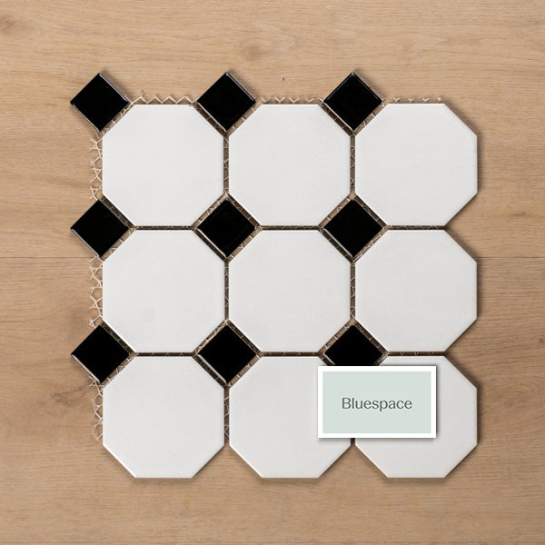 St Kilda Gloss White Octagon with Black Dot Porcelain Period Mosaic Tile 97x97mm
