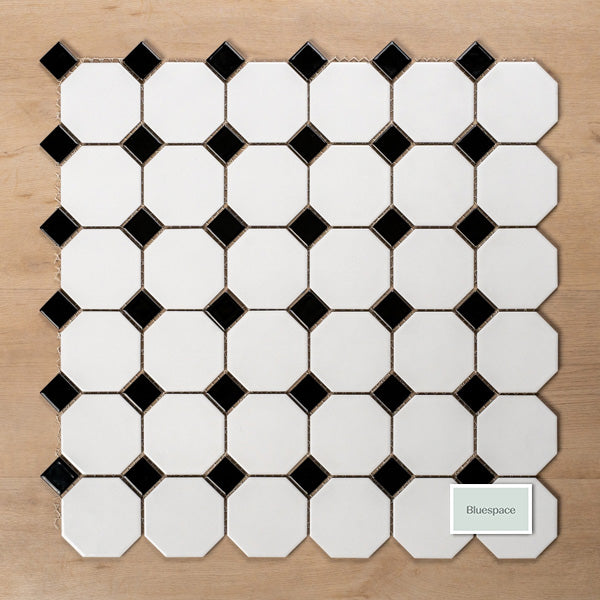 St Kilda Gloss White Octagon with Black Dot Porcelain Period Mosaic Tile 97x97mm Straight Pattern - The Blue Space