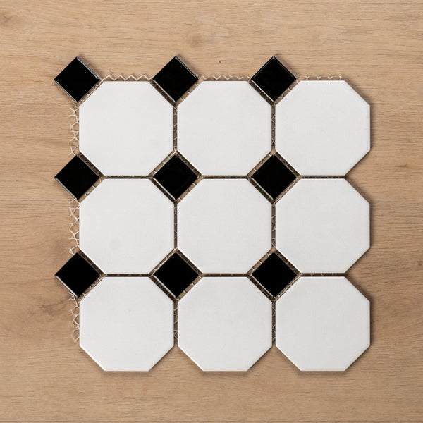 St Kilda Gloss White Octagon with Black Dot Porcelain Period Mosaic Tile 97x97mm