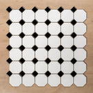 St Kilda Gloss White Octagon with Black Dot Porcelain Period Mosaic Tile 97x97mm Straight Pattern - The Blue Space