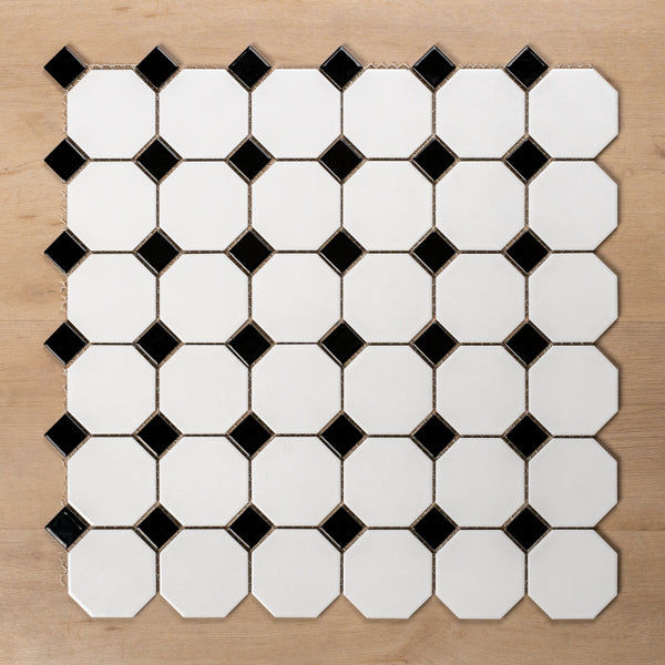 St Kilda Gloss White Octagon with Black Dot Porcelain Period Mosaic Tile 97x97mm