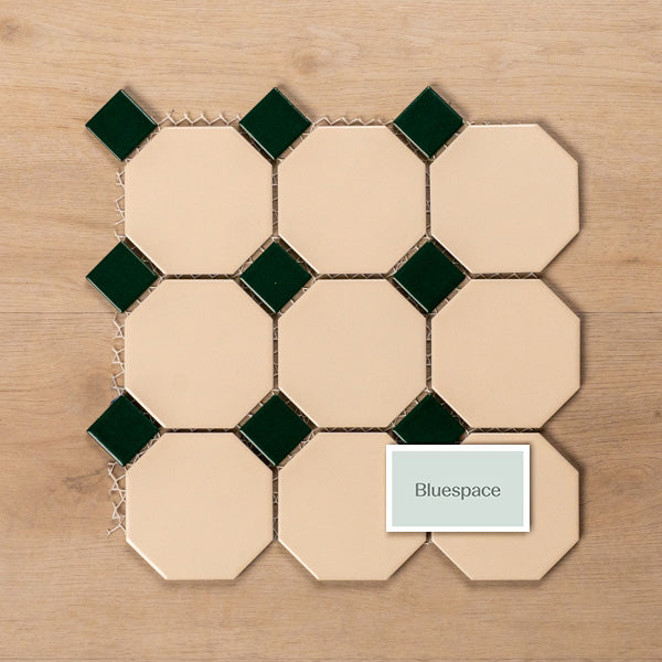 St Kilda Matt Cream Octagon with Green Dot Porcelain Period Mosaic Tile 97x97mm