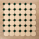 St Kilda Matt Cream Octagon with Green Dot Porcelain Period Mosaic Tile 97x97mm Straight Pattern - The Blue Space