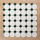 St Kilda Matt White Octagon with Green Dot Porcelain Period Mosaic Tile 97x97mm Straight Pattern - The Blue Space