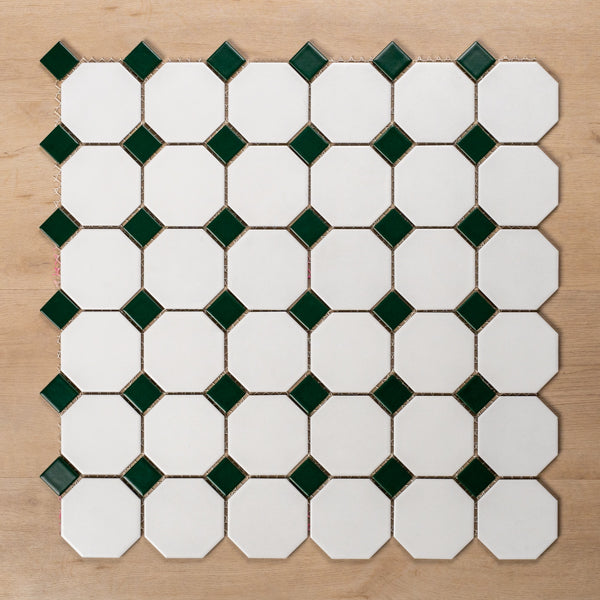 St Kilda Matt White Octagon with Green Dot Porcelain Period Mosaic Tile 97x97mm Straight Pattern - The Blue Space