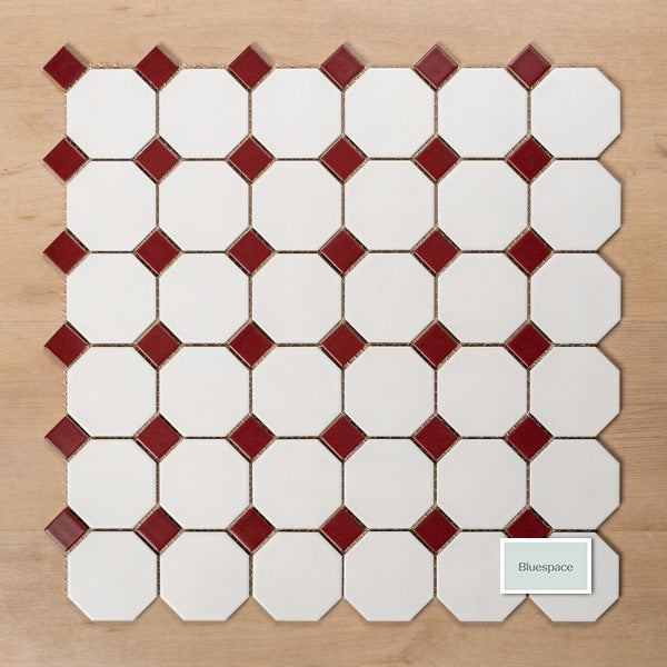 St Kilda Matt White Octagon with Burgundy Dot Porcelain Period Mosaic Tile 97x97mm Straight Pattern - The Blue Space