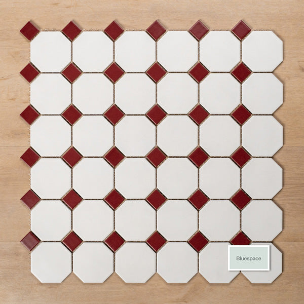 St Kilda Matt White Octagon with Burgundy Dot Porcelain Period Mosaic Tile 97x97mm