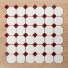 St Kilda Matt White Octagon with Burgundy Dot Porcelain Period Mosaic Tile 97x97mm Straight Pattern - The Blue Space