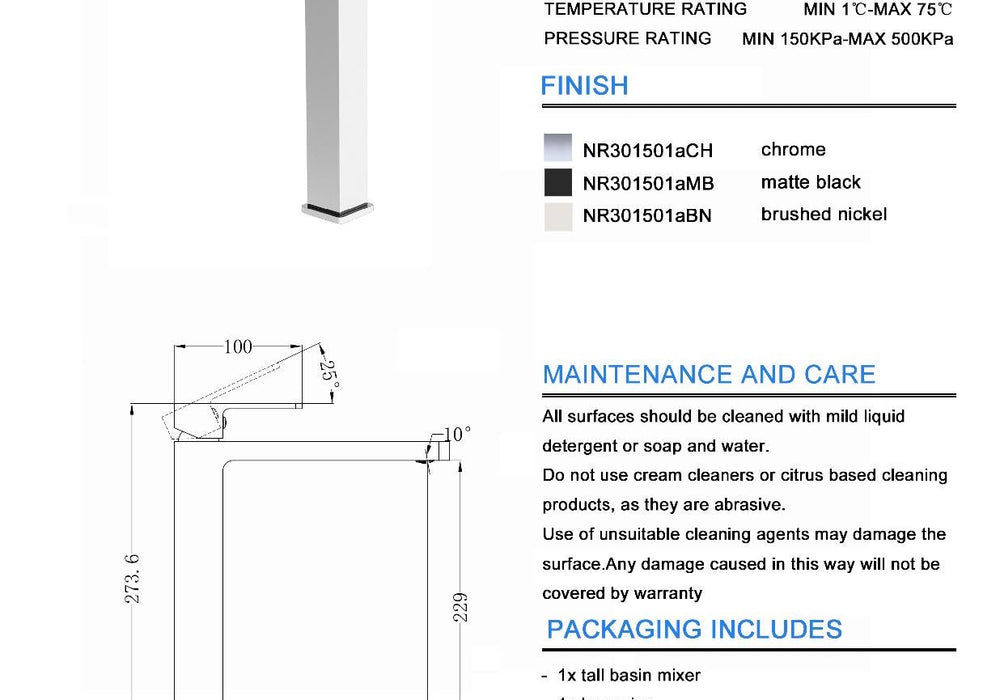 Technical Drawing: Nero Celia Tall Basin Mixer - Chrome