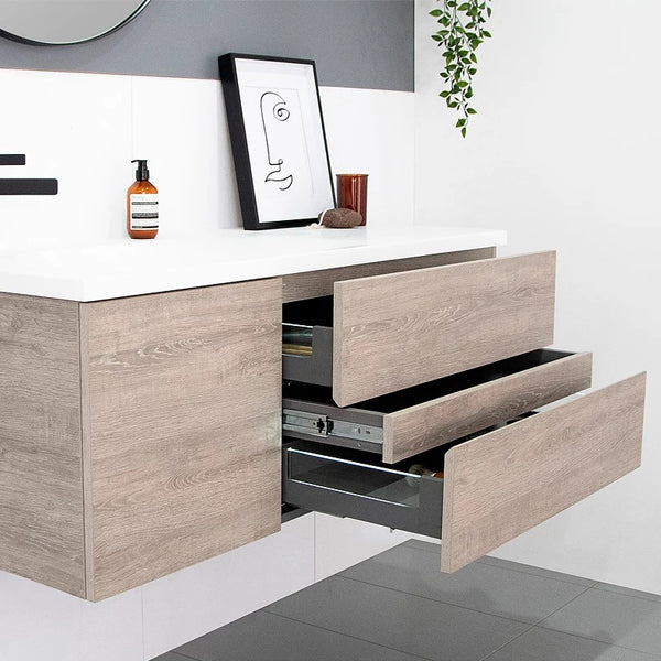 ADP Drift Vanity 1200mm left offset bowl in delana oak chalk textured finish drawers