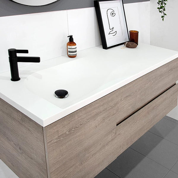 ADP Drift Vanity 1200mm left offset bowl in delana oak chalk textured finish