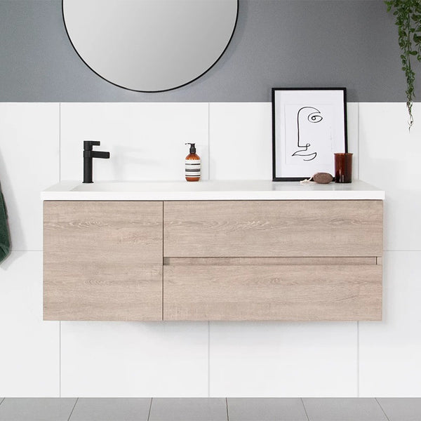 ADP Drift Vanity 1200mm left offset bowl in delana oak chalk textured finish