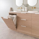 ADP Glacier Lite Hamper Vanity Floor Mount 1500 Double Bowl in Coastal Oak Woodmatt cabinet finish with Matte White Francis handles, 20mm Frost Cherry Pie benchtop with Matte WHite Respect Semi-Inset basins features 2 x 450mm Pill Polised Edges Mirrors | The Blue Space