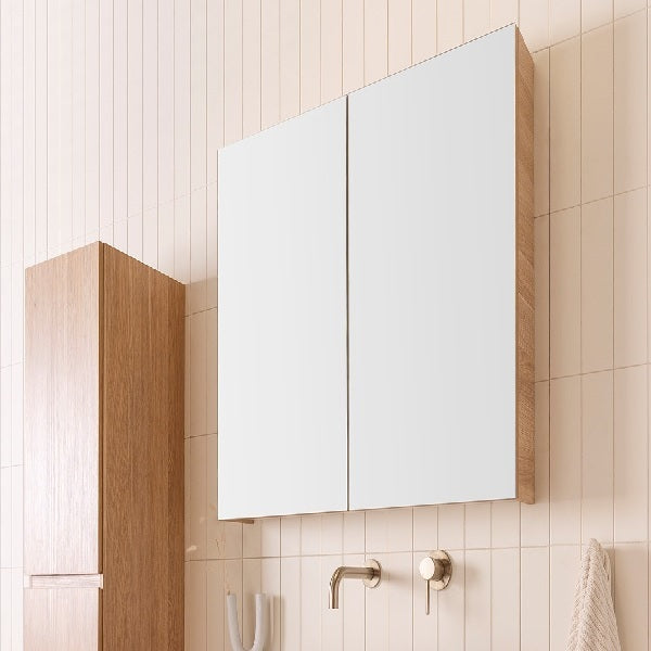 ADP Glacier Lite Shaving Cabinet 900mm in Natural Oak Ravine. Pictured with Glacier Lite Door & Drawer Tallboy in matching finish.