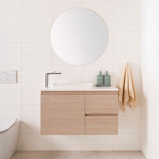 Glacier Pro Ensuite, Door & Drawer, Twin 900 Left Hand Bowl, Coastal Oak Woodmatt cabinet finish. 20mm Bright White Cherry Pie benchtop. Faith Semi-Inset basin | The Blue Space