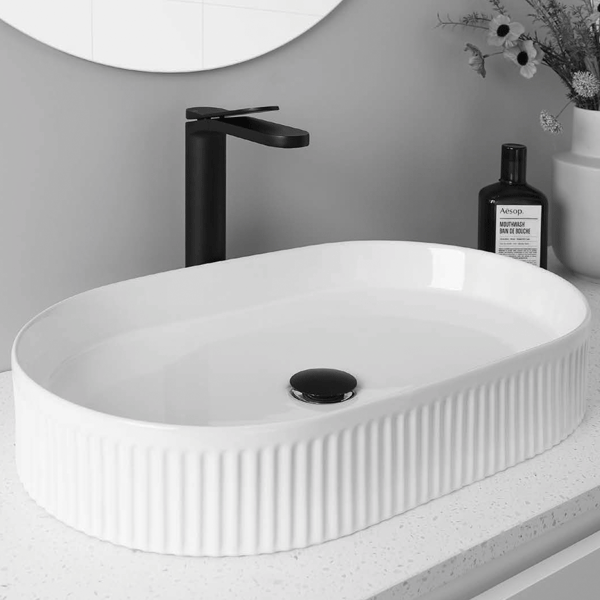 ADP Pill Fluted Above Counter Basin White - Oval fluted basin online at The Blue Space