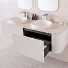 Waverley 1500 Double Bowl, Ultra White matte cabinet finish, Concrete Mist Cherry Pie benchtop, Respect Semi-Inset basins, 1 Taphole online at The Blue Space with V groove 