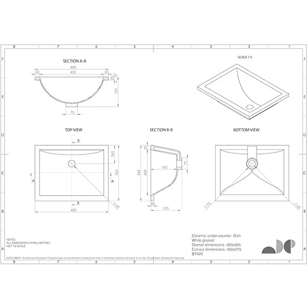 ADP Dish 470 x 355 Under Counter Basin White
