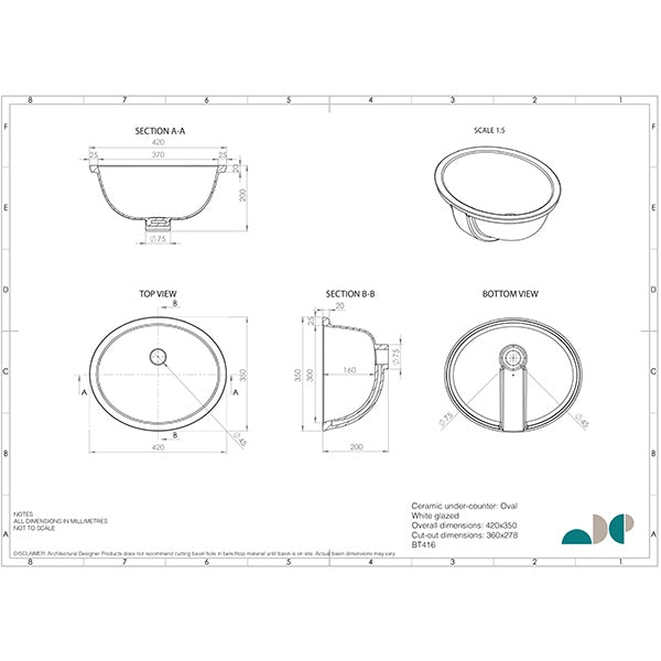 ADP Oval 420 x 350 Under Counter Basin White