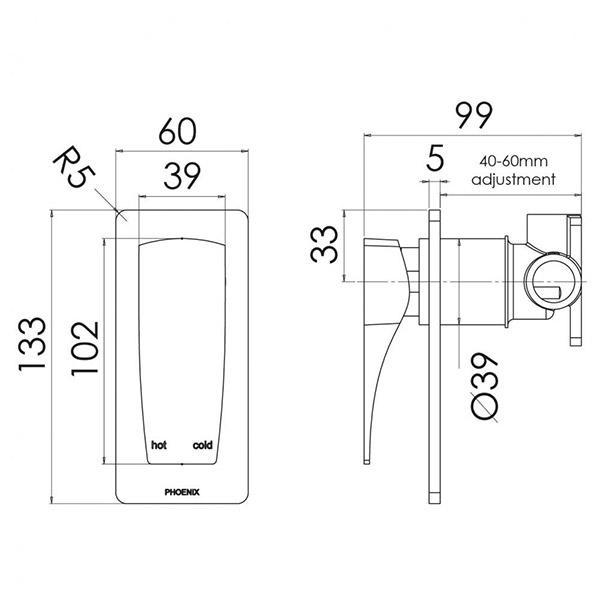 Phoenix Argo Shower/Wall Mixer specs - line drawing and dimensions 