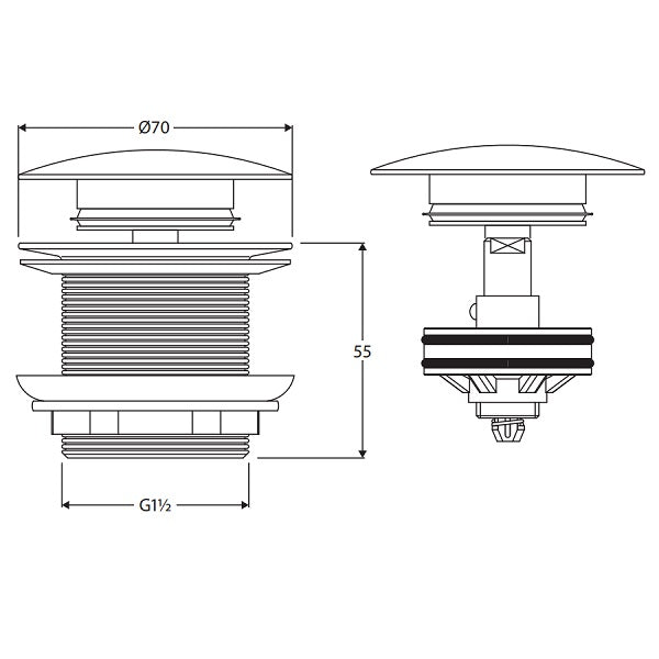 Technical Drawing: Fienza Brushed Nickel Pop-Up No Overflow Bath Waste 40mm