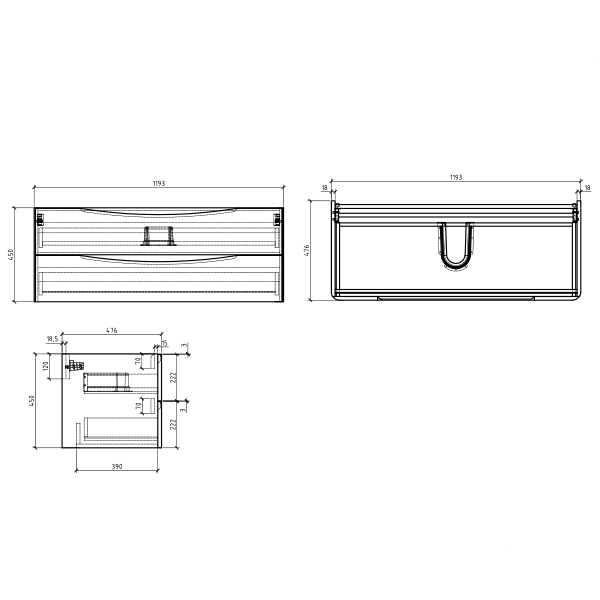 BelBagno Ancona 1200mm Wall Hung Vanity Technical Drawing - The Blue Space