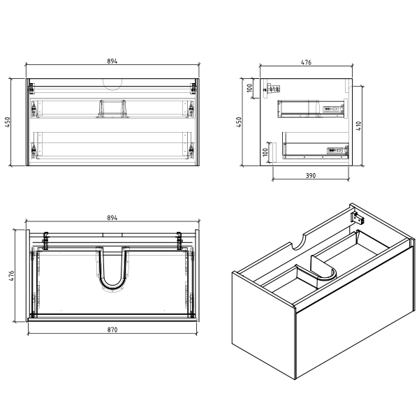 BelBagno Prado 900mm Wall Hung Vanity Technical Drawing - The Blue Space