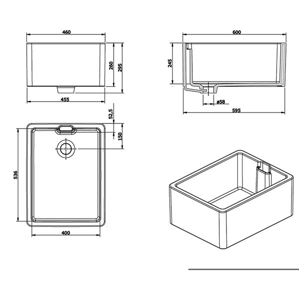Turner Hastings Belfast Flat Front Fine Fireclay Butler Sink Technical Drawing - The Blue Space